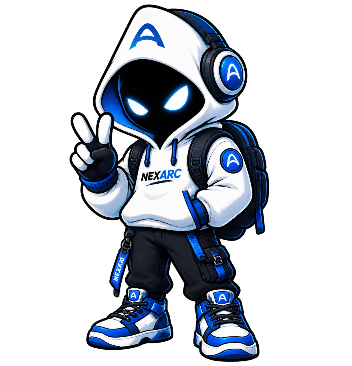 NEXARC mascot in techwear giving a peace sign