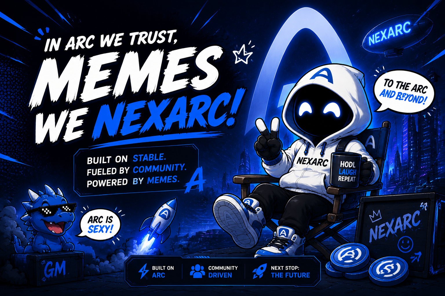 NEXARC meme: mascot in a director's chair with a HODL LAUGH REPEAT mug